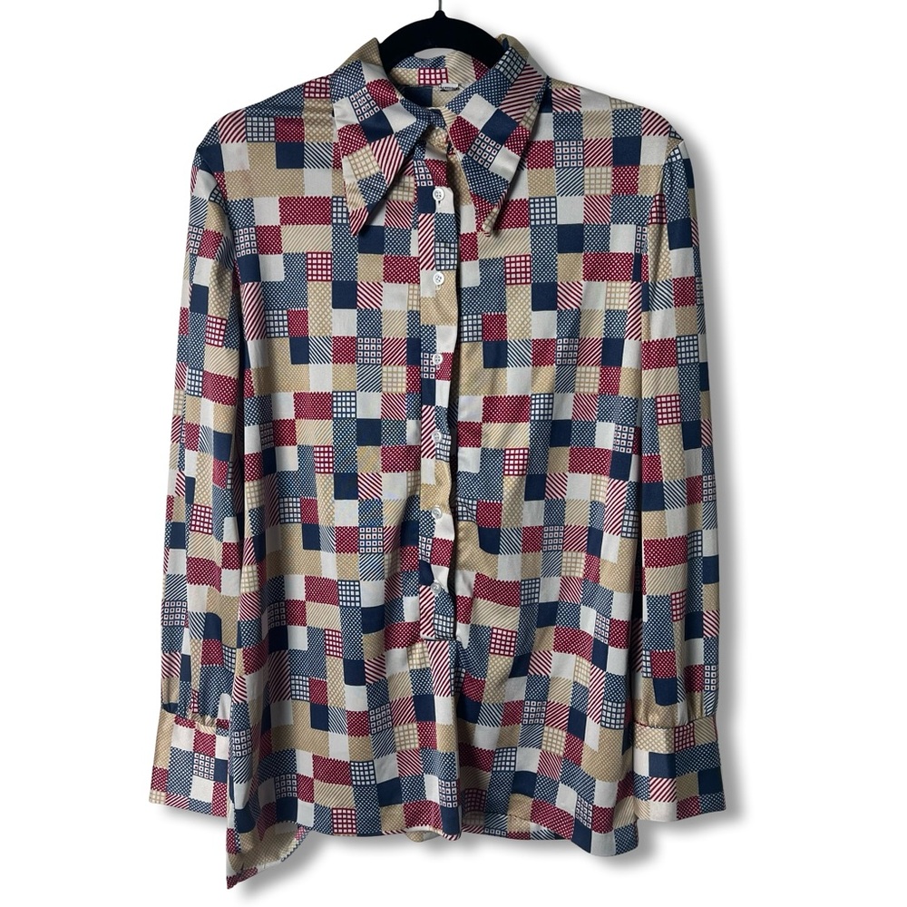 VTG 70s ILGWU Union Patchwork Print Polyester Button Down‎ Blouse Unisex L/XL